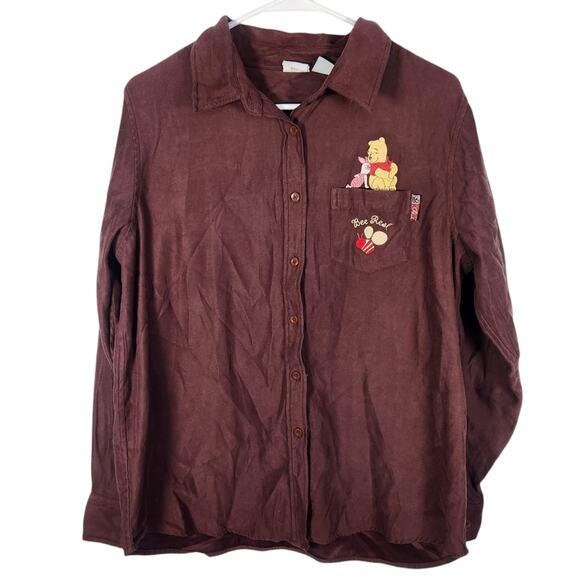 Disney Winnie The Pooh Vintage Button Down Shirt L Brown Retro Y2K - Picture 1 of 7